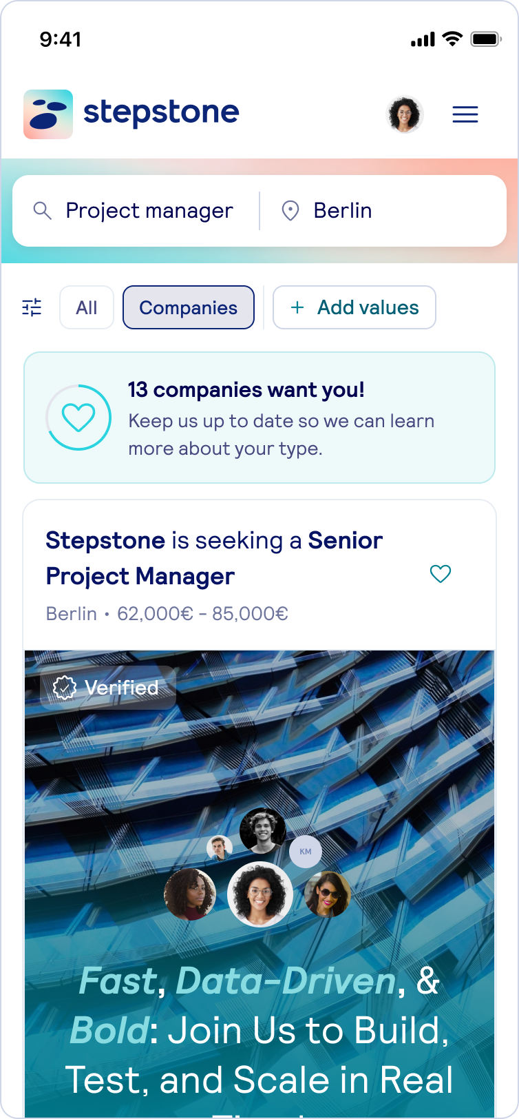 Company Match Pro concept — companies filter with match cues
